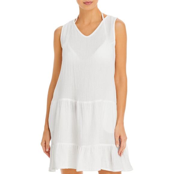 J Valdi White Cotton Gauze Tiered Swimsuit Beach Coverup Tunic Mini Dress Size L - Picture 1 of 6